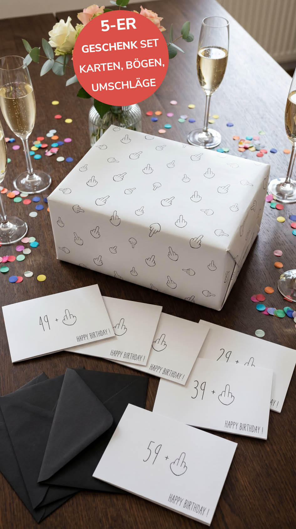 Lustiges Geschenkpapier 5er Set Mittelfinger, Geschenkpapier, Grußkarten mit Umschlägen
